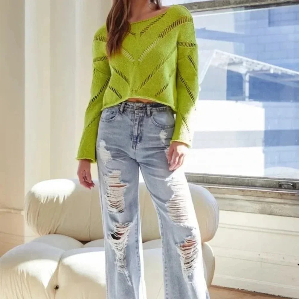 100% Cotton Boho Avocado Green Knit Sweater ⭑ Size M